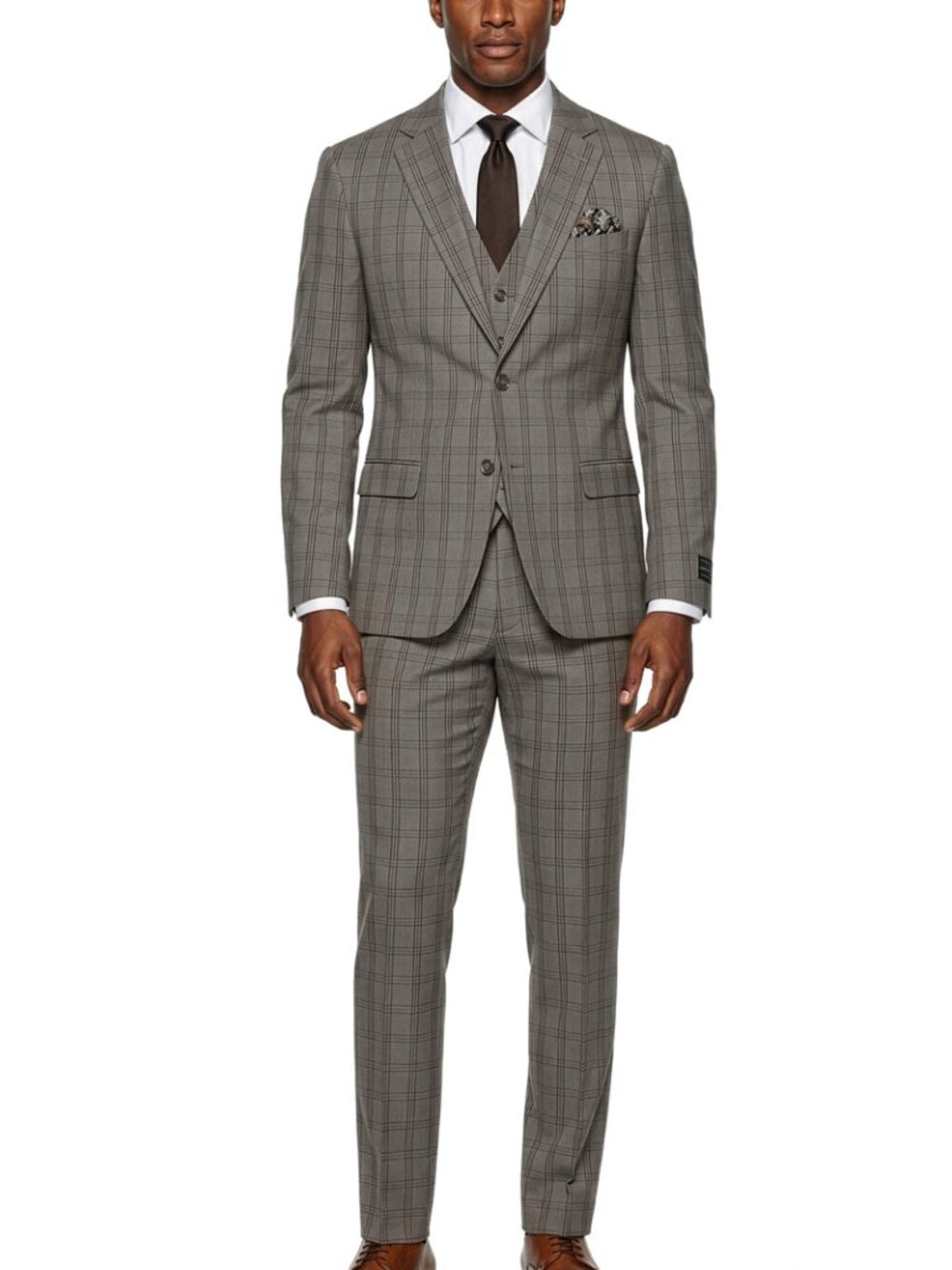 Tan Windowpane Plaid Notch Lapel 3 Piece Men's Suit
